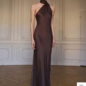 MANGO BROWN ASYMMETRICAL BOW-NECK gown